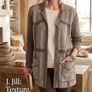 J Jill Suede Wool blend Earth Brown Patchwork Crocheted button up Long Jacket L